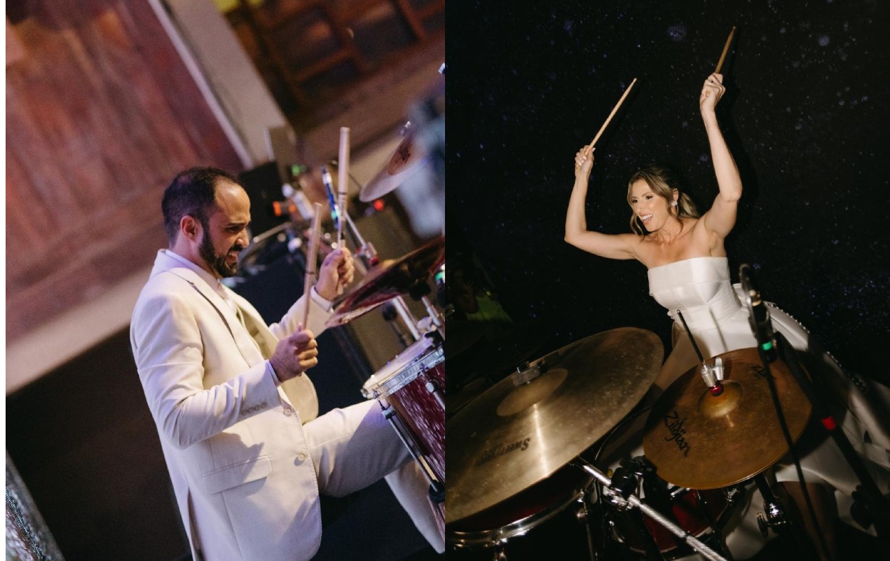 Noiva aprende bateria em segredo por três meses e surpreende marido músico durante casamento; veja o momento
