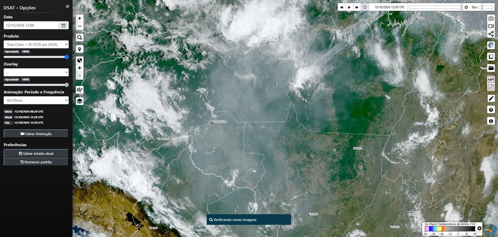 Imagens de satélite mostram fumaça em do Amazonas se espalhando por Porto Velho — Foto: Inpe/Reprodução