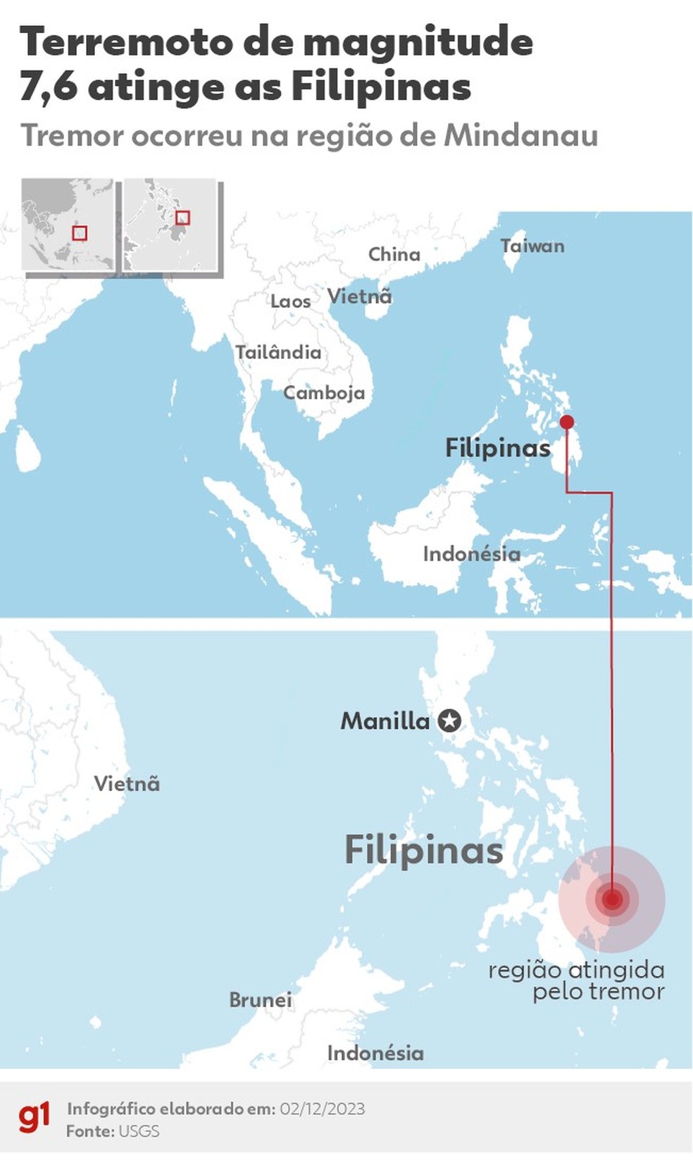 O terremoto atingiu a regio de Mindanau, no Sul das Filipinas.  Foto: Arte g1/Vitria Coelho