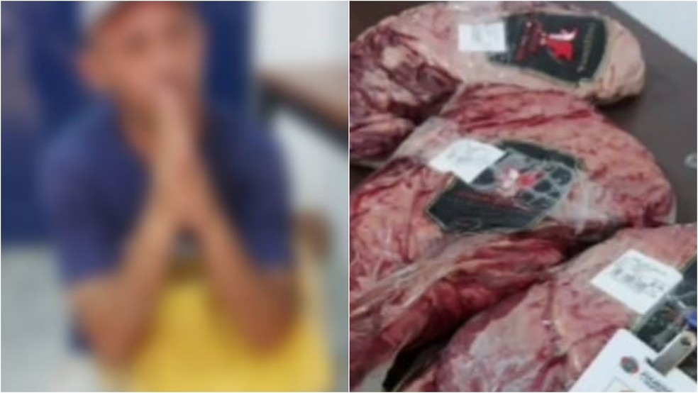Agente de endemias é preso por furtar peças de picanha em supermercado em Juazeiro do Norte. — Foto: Reprodução