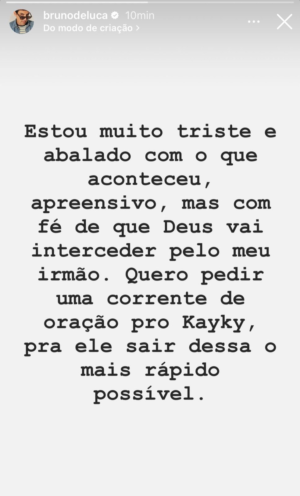 Bruno de Luca escreve sobre acidente com o amigo Kayky Brito — Foto: Reprodução/Instagram
