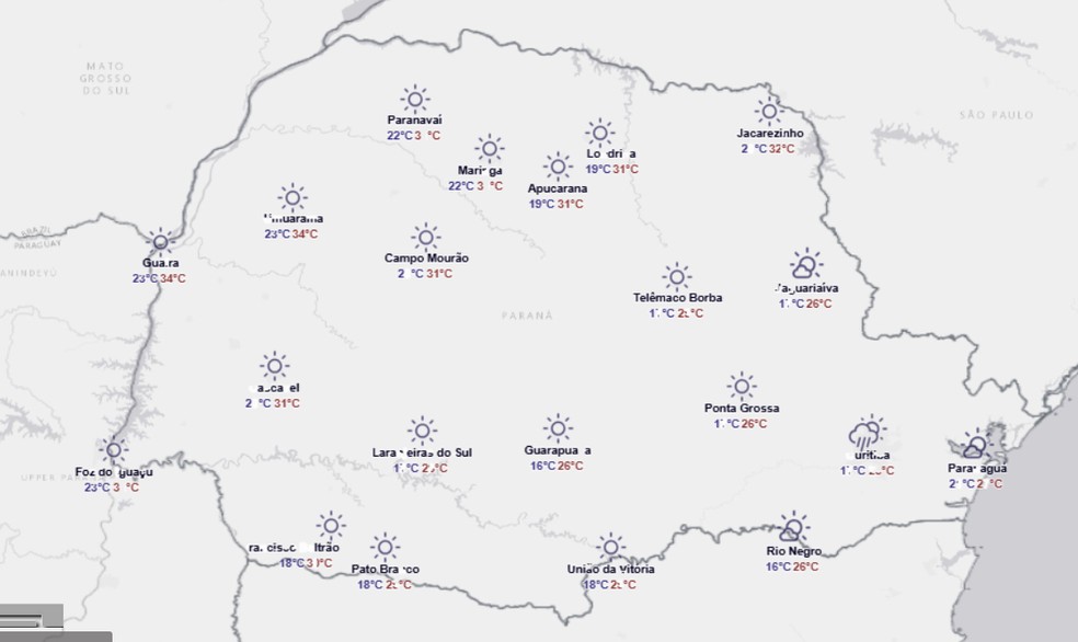 Previsão para segunda-feira (26) — Foto: Simepar