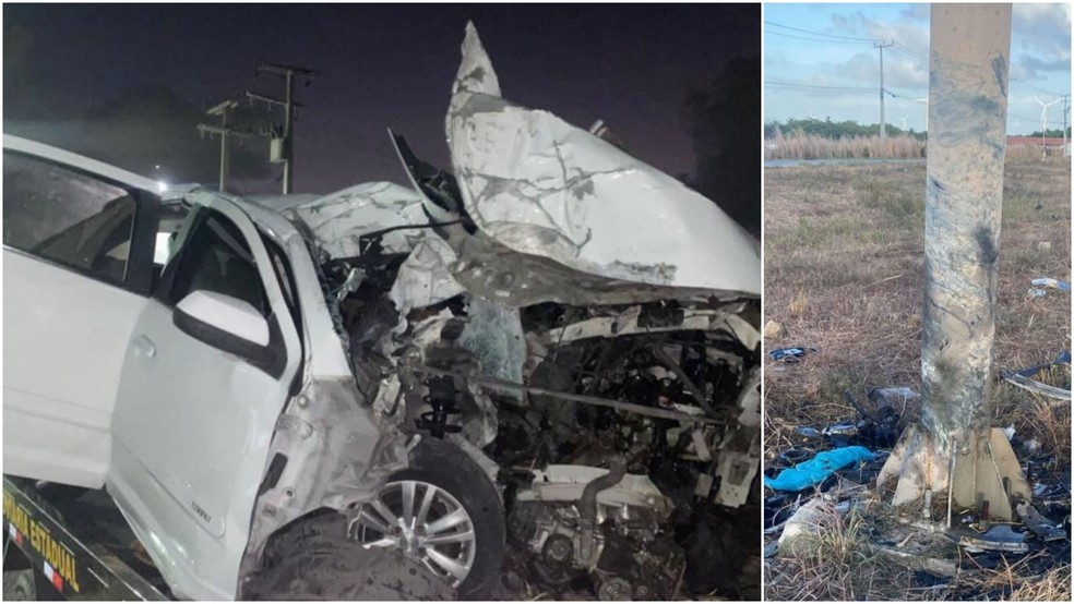 Carro que Adriano Bololô estava colidiu com um poste em uma rodovia no município de Aracati. — Foto: Arquivo pessoal