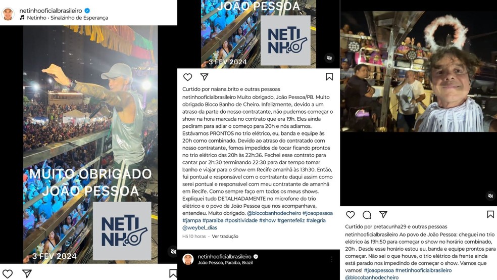 Netinho relata o que o levou a deixar trio durante prévia de Carnaval em João Pessoa — Foto: Reprodução/Instagram/@netinhooficialbrasileiro
