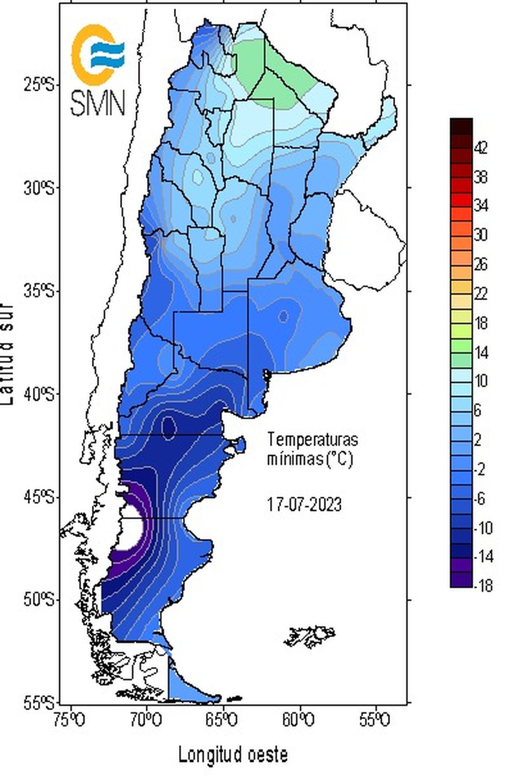 Mapa do SMN da Argentina com a escala da temperatura — Foto: Divulgação