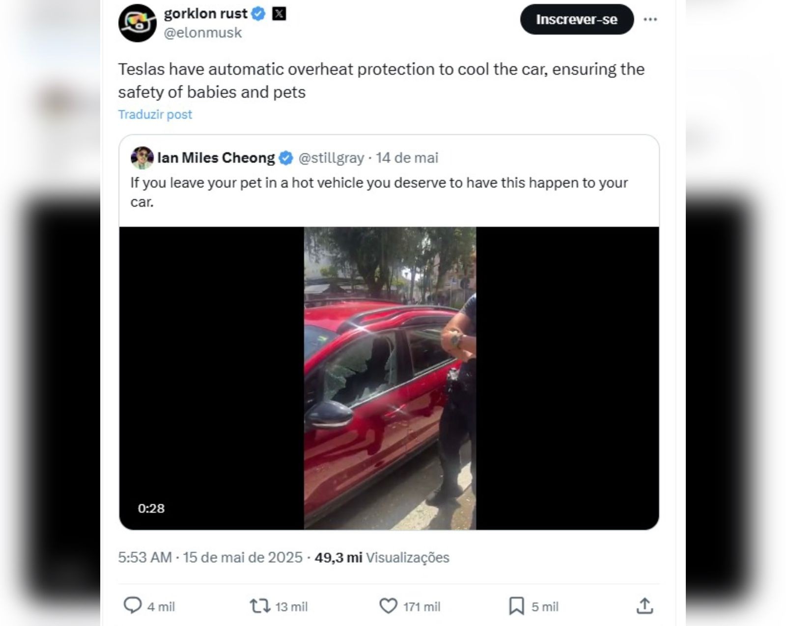 Elon Musk usa vídeo de resgate de cão preso em carro em SC para promover Tesla: 'Proteção contra superaquecimento'