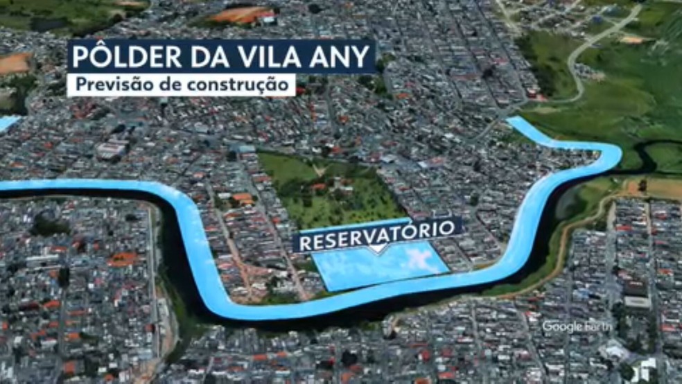 Projeto do reservatório da Vila Any, em Guarulhos, que está parado desde 2021. — Foto: Reprodução/TV Globo