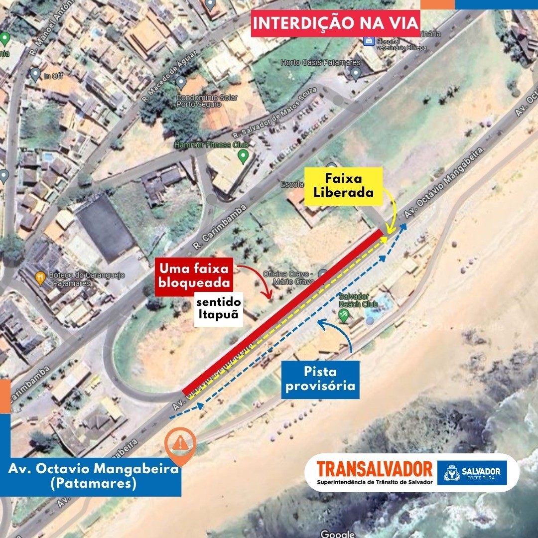 Obras alteram trânsito de Salvador em trecho da Avenida Octávio Mangabeira, no bairro de Patamares
