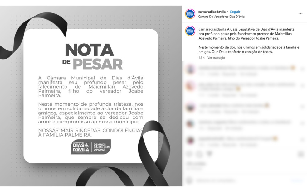 Câmara de Vereadores emitiu nota de pesar — Foto: Redes sociais