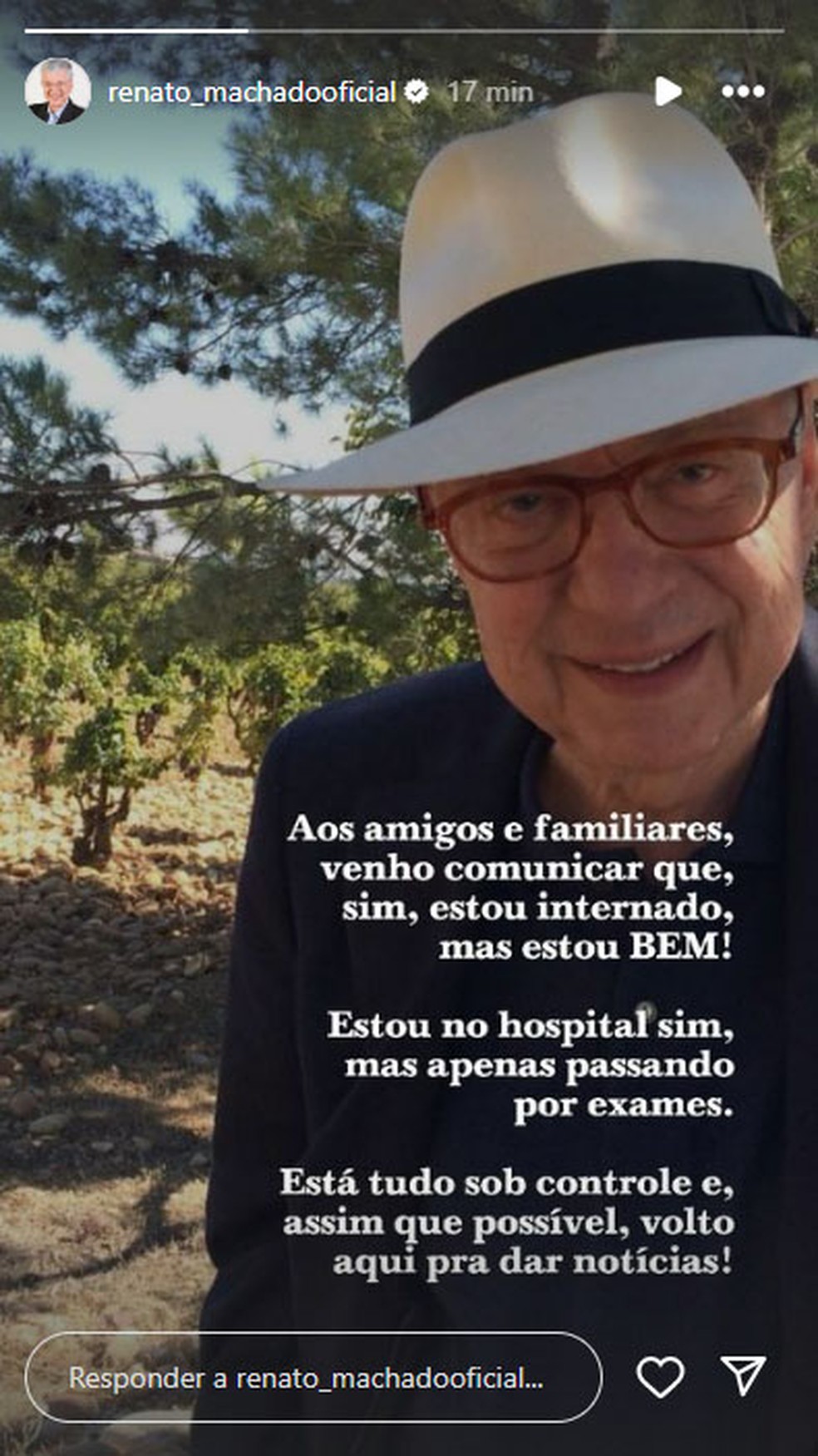 Por meio de uma rede social, Renato Machado confirmou que está internado. — Foto: Reprodução/ Instagram