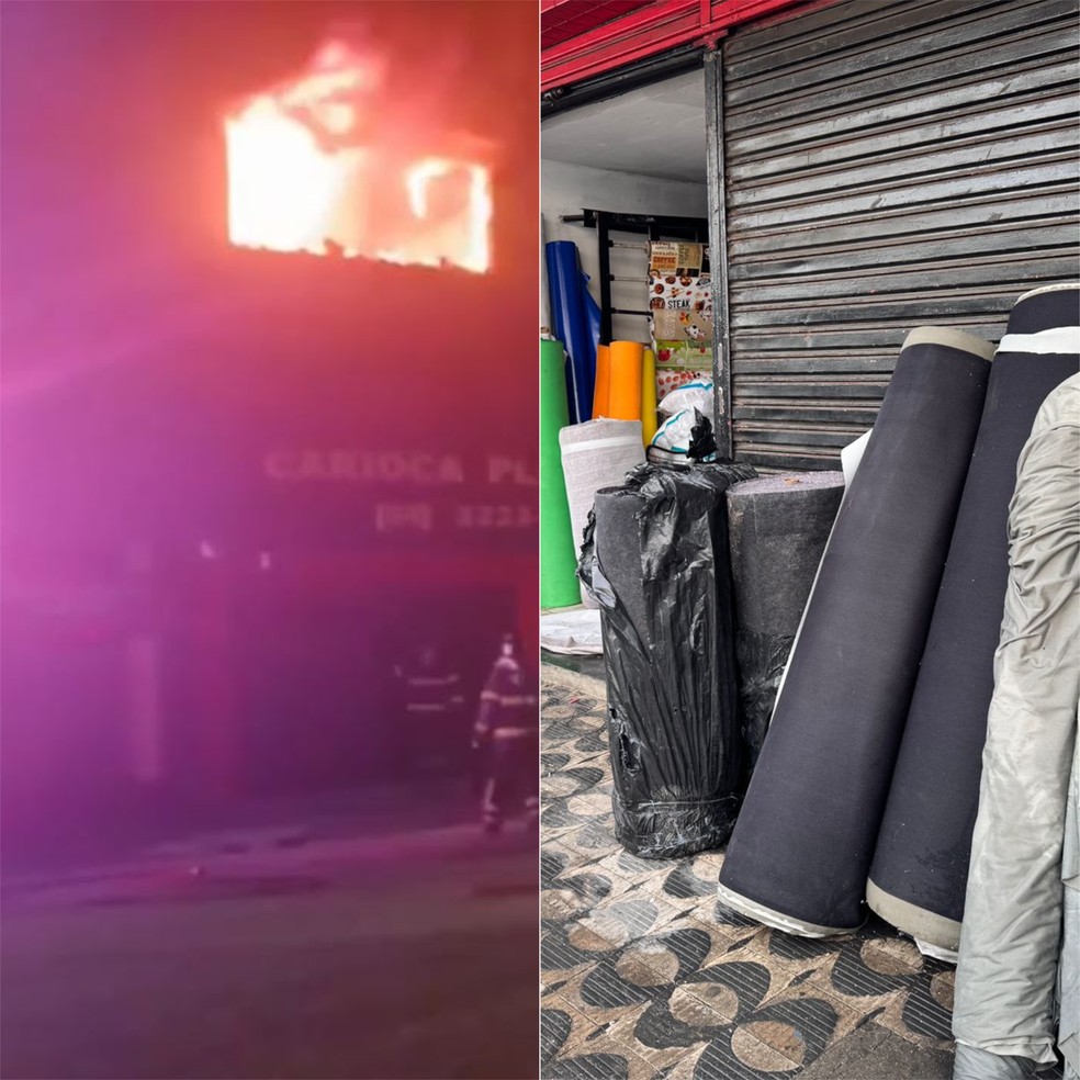 Fogo atingiu depósito no primeiro andar de loja de tecidos em Natal — Foto: Foto 1: Reprodução | Foto 2: Vinícius Marinho/Inter TV Cabugi