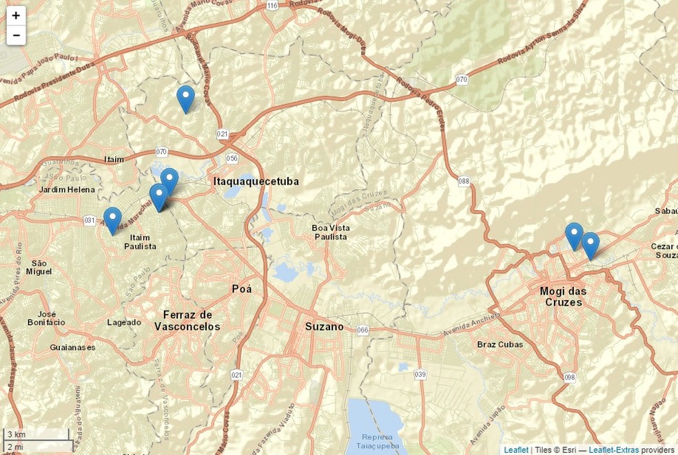 Mapa do Centro de Sismologia da USP mostra relatos de tremores reportados no Alto Tietê — Foto: Centro de Sismologia/USP