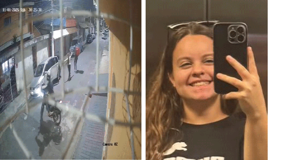 Beatriz Munhos morreu após jogar spray de pimenta na direção de um dos criminosos, como mostra a imagem da câmera de segurança da rua — Foto: Reprodução/Redes sociais e arquivo pessoal