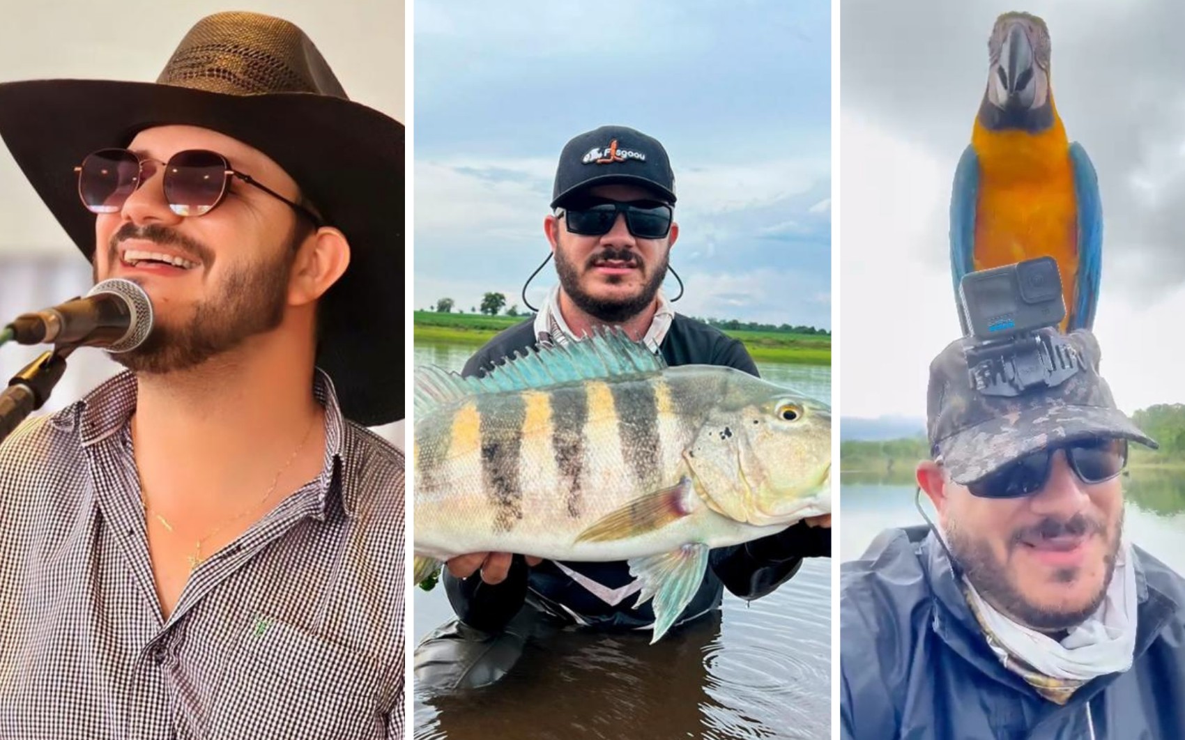 Cantor se surpreende após arara pousar na cabeça dele durante pescaria; vídeo