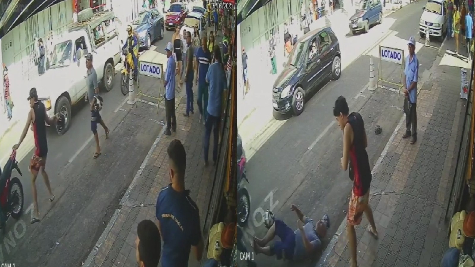 Homens trocam golpes com capacetes em briga de trânsito e um cai desacordado; vídeo