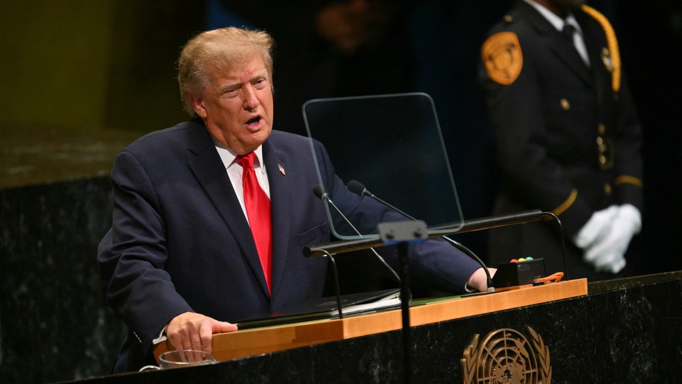 O presidente dos EUA, Donald Trump, discursa na 81ª Assembleia Geral das Nações Unidas na sede da ONU em Nova York, em 22 de setembro de 2026 — Foto: ANGELA WEISS/AFP