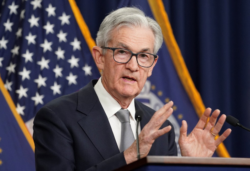 Presidente do Fed, Jerome Powell, em coletiva de imprensa após decisão dos juros nos EUA. — Foto: Kevin Lamarque/Reuters