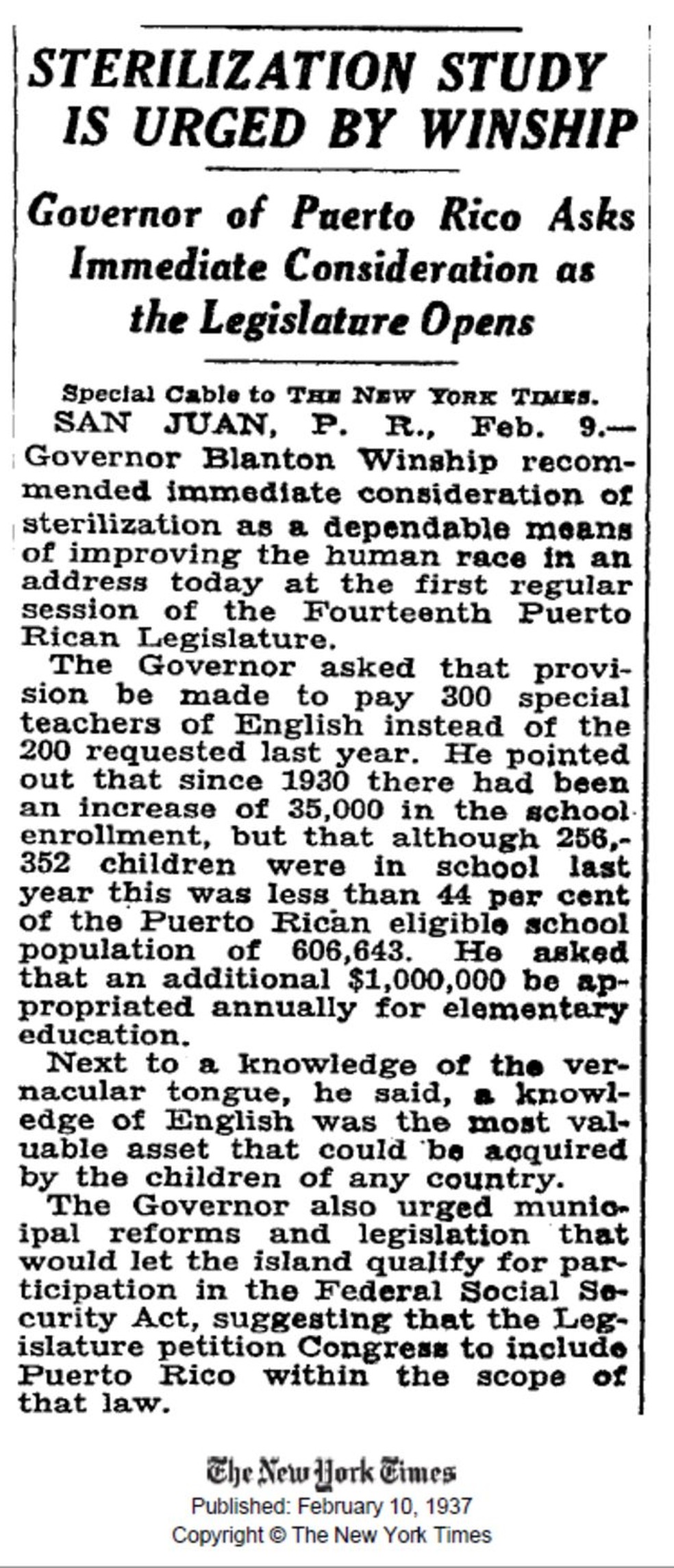 Recorte do New York Times fala sobre o governador Blanton C. Winship — Foto: THE NEW YORK TIMES via BBC