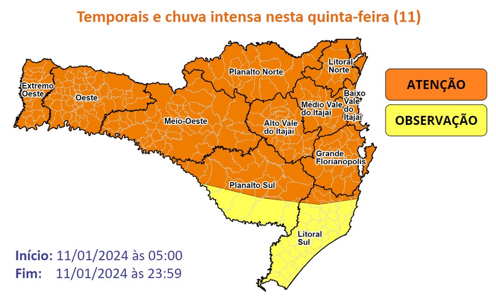Mapa da Defesa Civil mostra que alerta de temporais vale para todo o estado — Foto: Defesa Civil/Divulgação