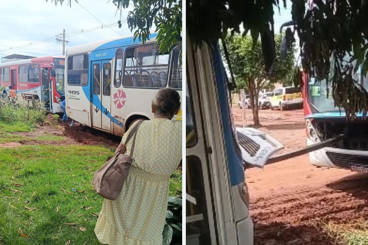 VÍDEO: ônibus atola em buraco e precisa ser resgatado por outro ônibus  em MS