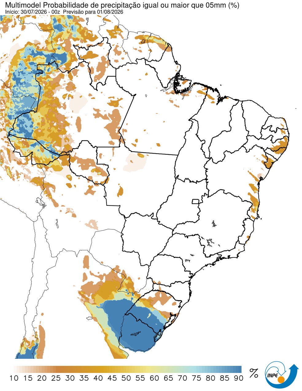 Previsão de chuva nesta sexta em todo o país. — Foto: CPTEC/Inpe