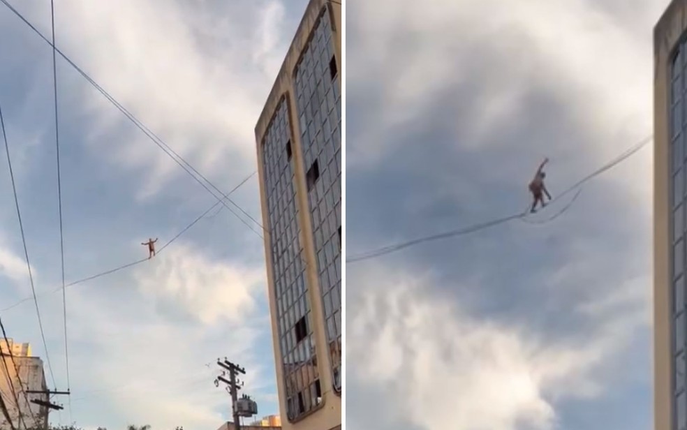 Equilibrista se arrisca ao andar em corda entre prédios em Goiânia, Goiás — Foto: Arquivo pessoal/Delci Meireles