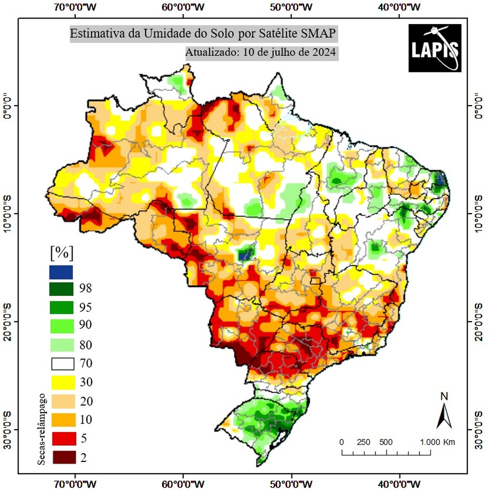Secas-relâmpago aparecem em vermelho e laranja no mapa de monitoramento do solo feito pelo Laboratório de Análise e Processamento de Imagens de Satélites, da Ufal, no dia 10 de julho de 2024 — Foto: Laboratório de Análise e Processamento de Imagens de Satélites (Lapis)