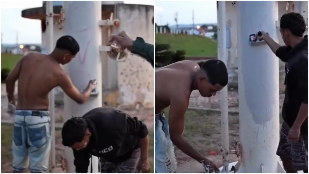 Capitão da PM faz membros de facção apagar pichações em Carnaubal, no Ceará. — Foto: Reprodução