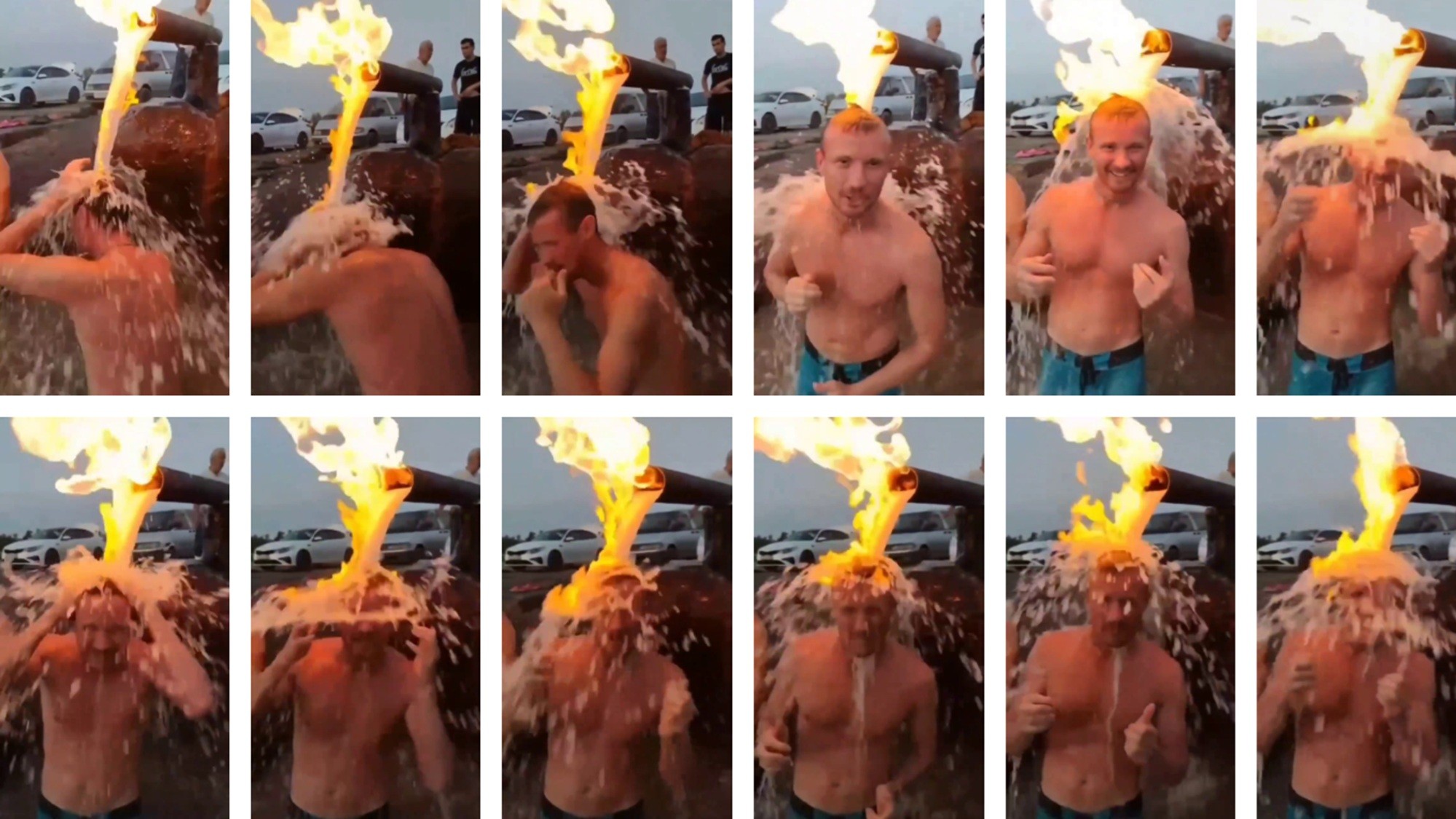É #FATO: Vídeo mostra homem tomando 'banho com fogo' em fonte natural de água na Rússia; assista