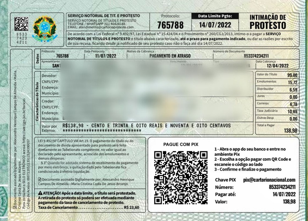 Intimação de protesto falsa usada para aplicar golpes. — Foto: Reprodução / Anoreg/PA