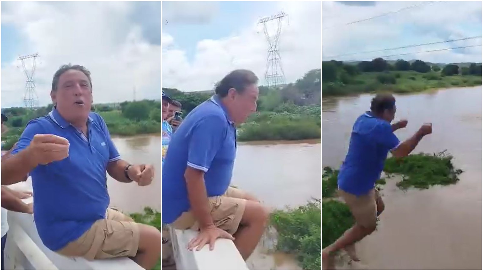 Prefeito que caiu no chão ao se jogar nos braços da plateia cumpre promessa de saltar da ponte no rio Salgado, no Ceará