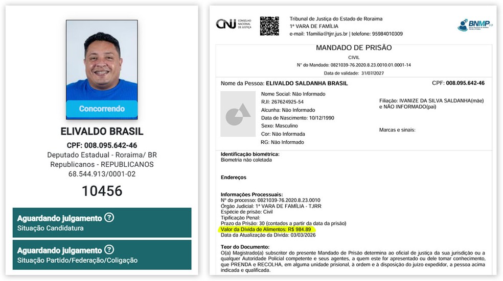 Elivaldo Brasil aparece como “concorrendo” no DivulgaCand, do TSE, e em mandado de prisão civil por dívida de pensão alimentícia de R$ 984,89, disponível no BNMP — Foto: Montagem/g1, Reprodução/TSE e CNJ