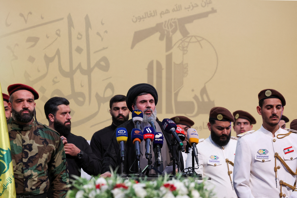 Hashem Safieddine discursando em funeral de membro do Hezbollah em julho de 2024 — Foto: REUTERS/Aziz Taher