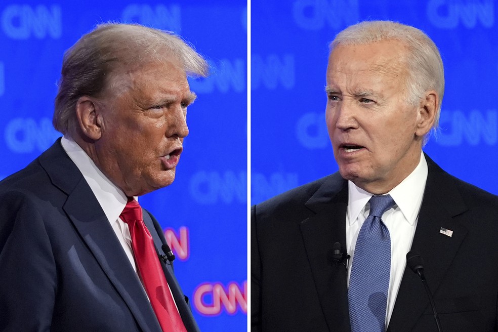 Donald Trump e Joe Biden em debate presidencial, em 27 de junho de 2024 — Foto: Gerald Herbert/AP