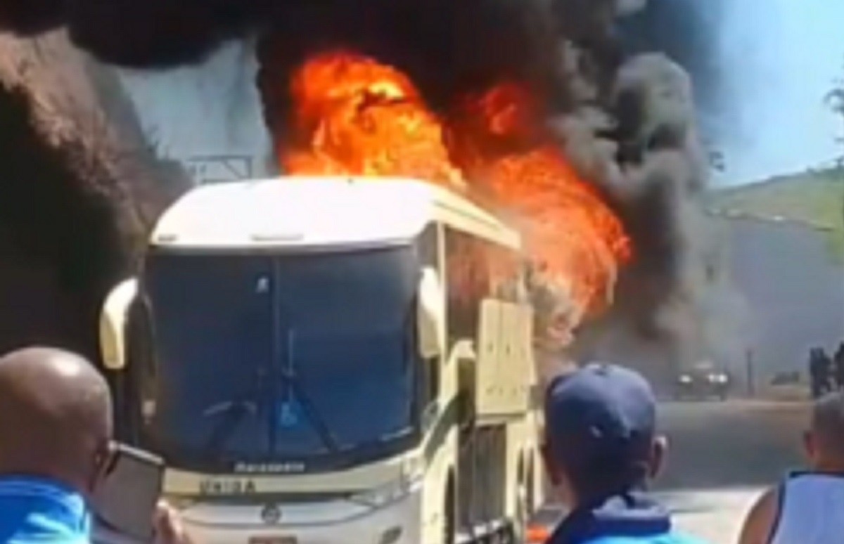 Ônibus pega fogo na BR-133, em Rio Pomba; VÍDEO