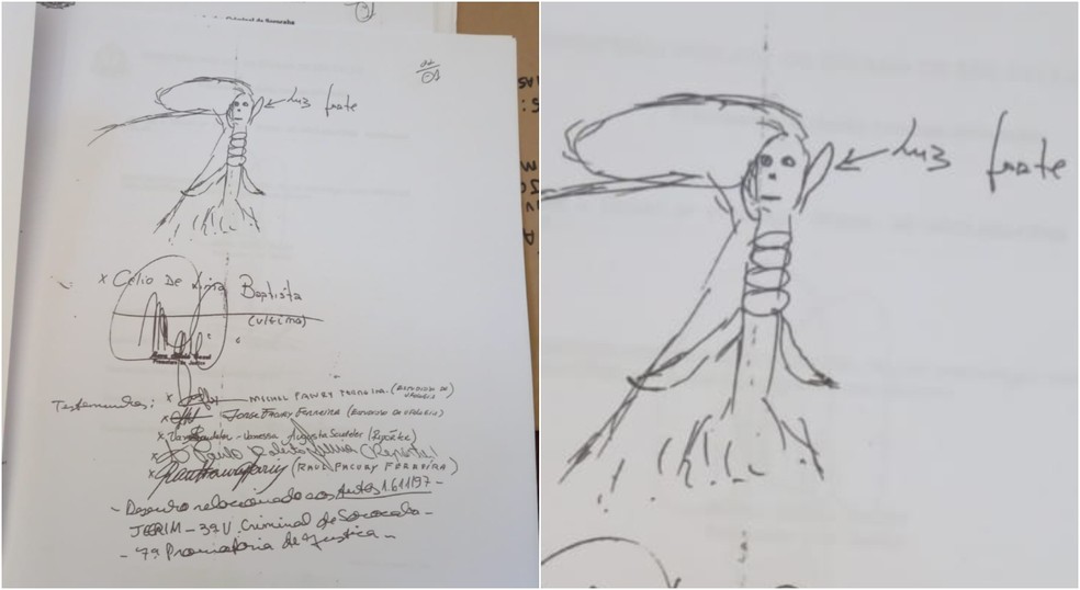 C&eacute;lio desenhou o ser extraterrestre que teria lhe agredido em 1997, em Sorocaba (SP) &mdash; Foto: Jorge Facury/Arquivo pessoal