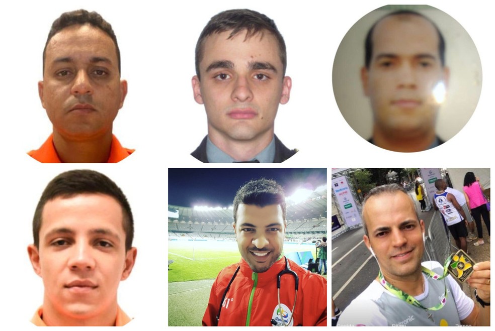 Montagem de fotos com Wilker Tadeu Alves da Silva, Victor Stehling Schirmer, Welerson Gonçalves Filgueiros, Gabriel Ferreira Lima e Silva, Marcos Rodrigo Trindade e Bruno Sudário França — Foto: Corpo de Bombeiros de MG + Instagram/ Reprodução + Redes sociais