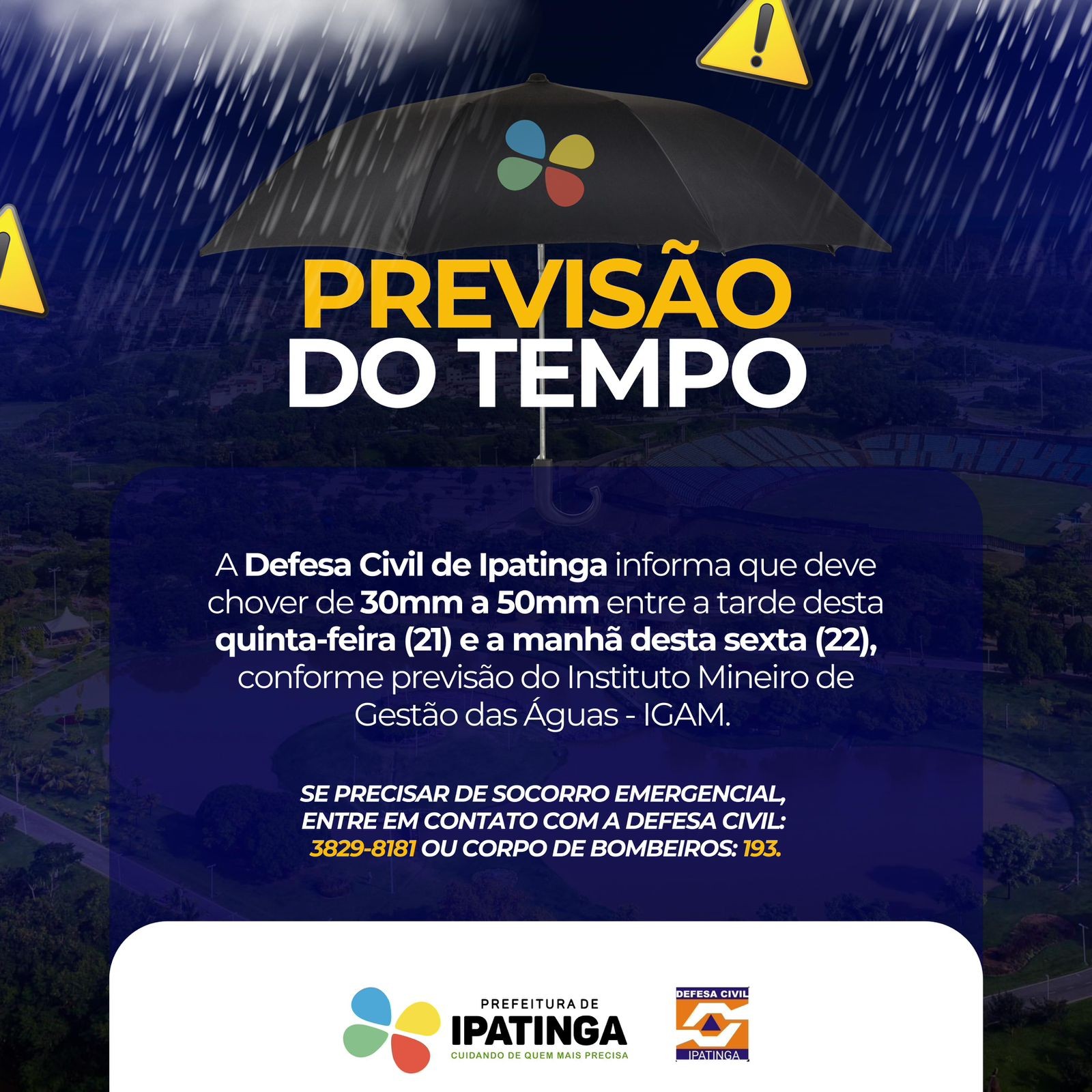 Defesa Civil alerta para volume alto de chuva em Ipatinga 