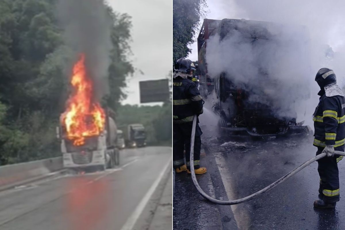 Caminhão carregado com álcool pega fogo e bloqueia rodovia Anchieta, SP