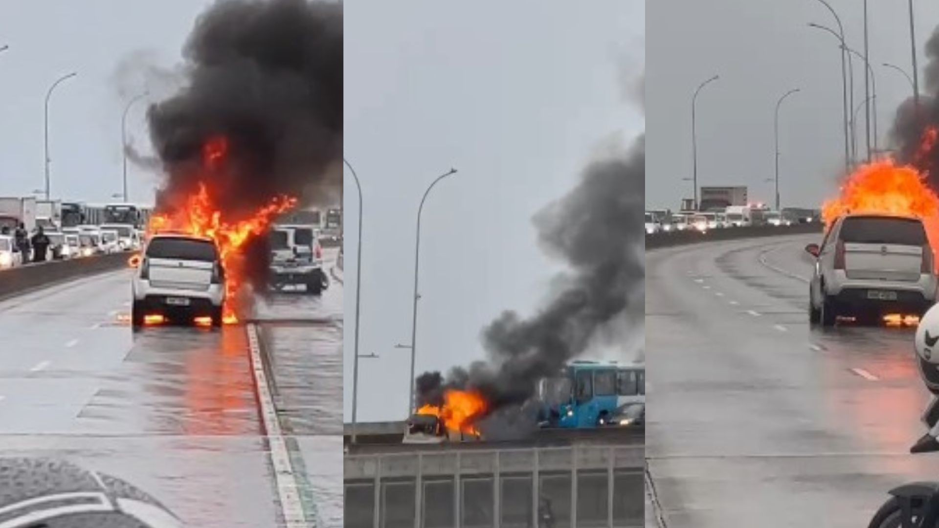 Carro pega fogo e interdita Terceira Ponte no sentido Vila Velha