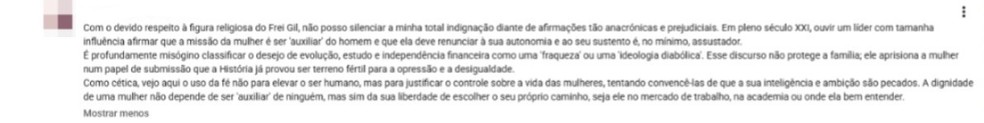Internauta criticou Frei Gilson no Youtube. — Foto: Reprodução