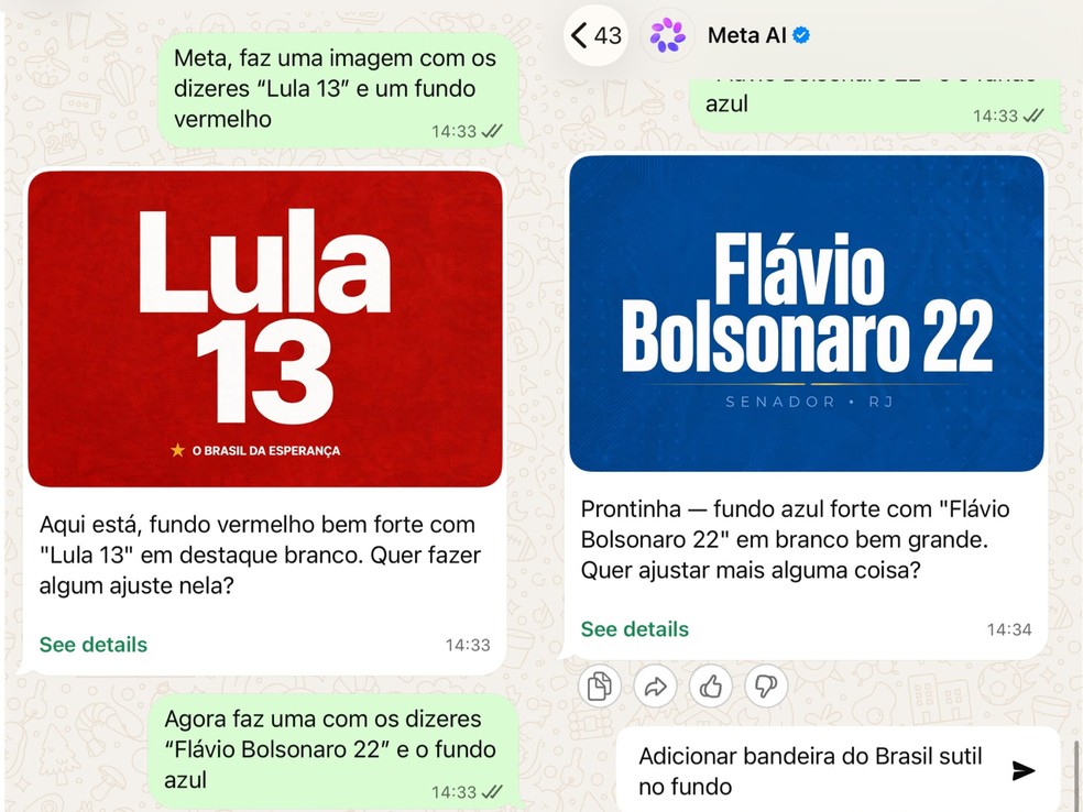 Uma brasileira na Bélgica disse ter conseguido gerar, sem restrições, imagens de Lula e de Flávio Bolsonaro com os respectivos números de campanha. — Foto: Reprodução/WhatsApp