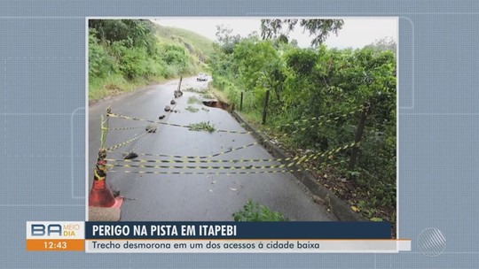 Trecho de rodovia cede e é interditado por causa de fortes chuvas que atingem região sul da Bahia - Programa: Bahia Meio Dia – Itabuna 