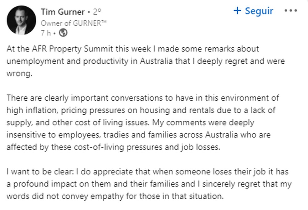 Tim Gurner pede desculpas após caso viralizar — Foto: Reprodução/ LinkedIn