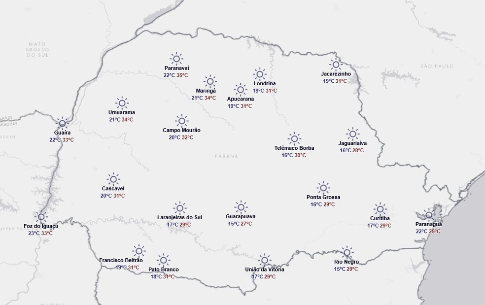 Previsão para domingo, 29 de março — Foto: Reprodução/Simepar