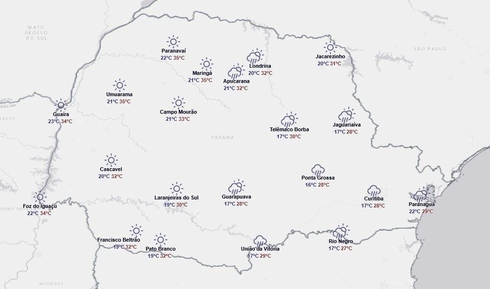 Previsão para segunda-feira, 30 de março — Foto: Reprodução/Simepar