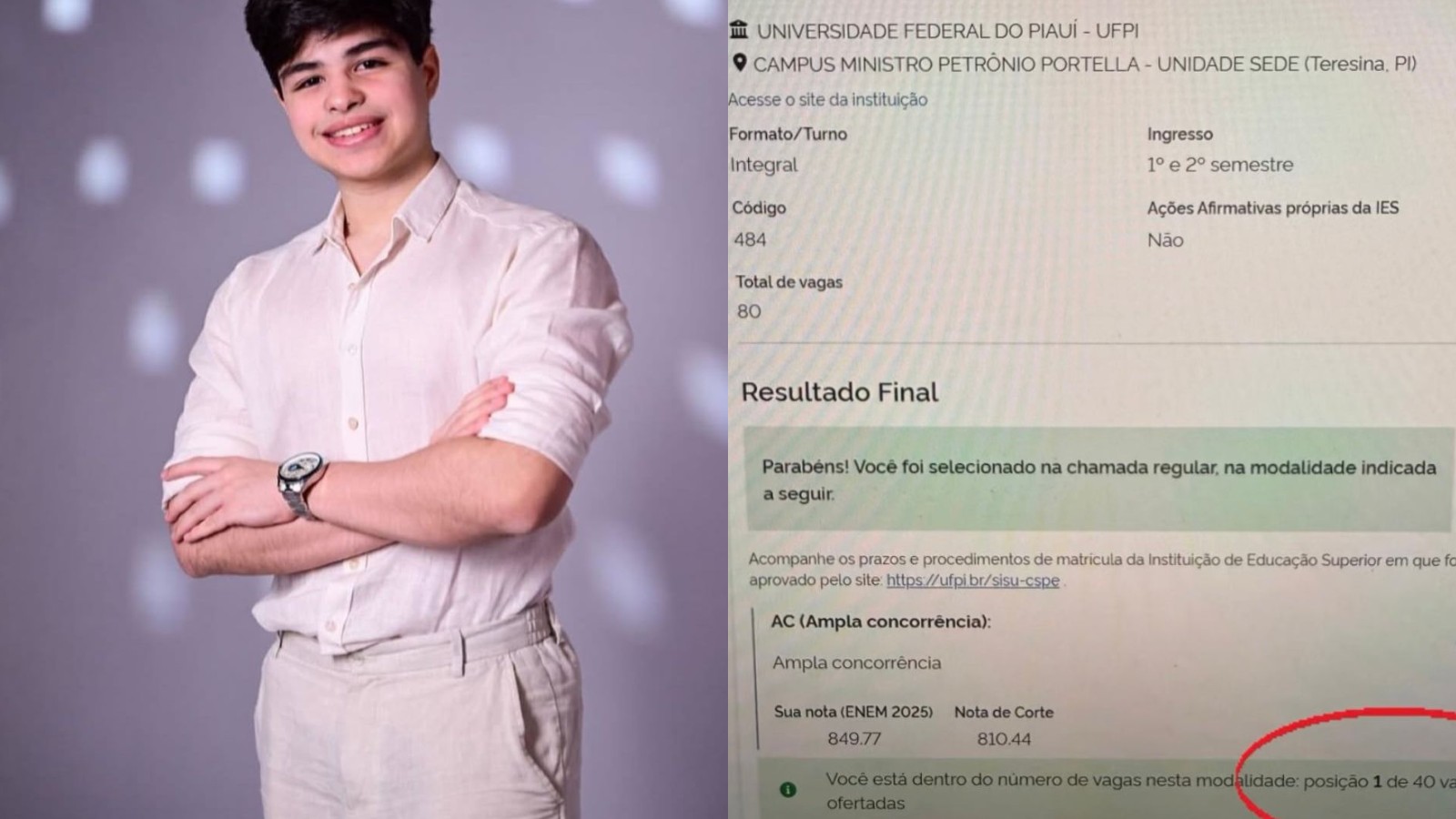 Estudante de 18 anos é aprovado em 1º lugar em Medicina na UFPI