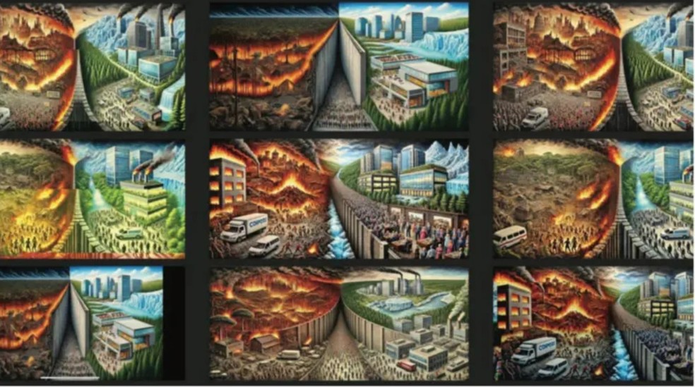 Imagem gerada por IA de casas em chamas — Foto: BBC/Justice Department