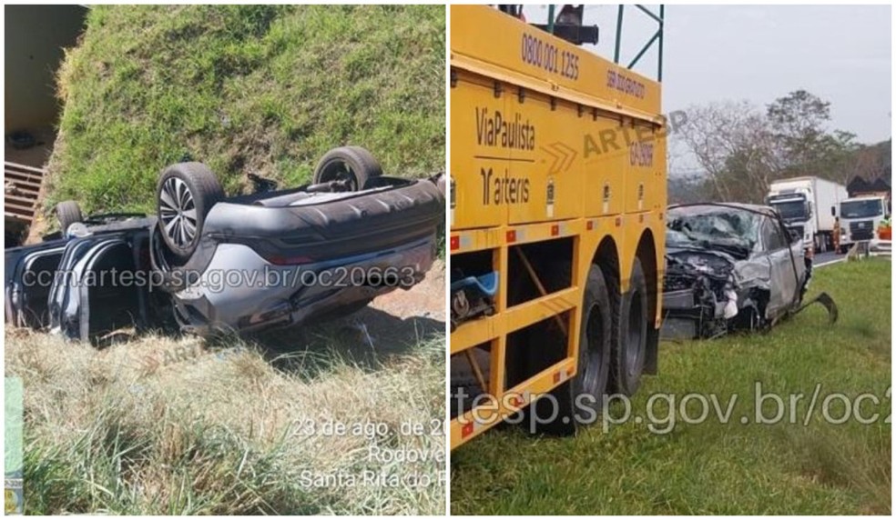 Carro de fam&iacute;lia ficou destru&iacute;do ap&oacute;s capotagem em grave acidente na Rodovia Anhanguera em Santa Rita do Passa Quatro (SP) &mdash; Foto: CCM Artesp