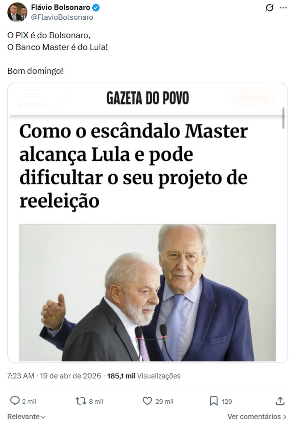Postagem de Flávio Bolsonaro no X em 19 de abril de 2026 — Foto: Reprodução/X